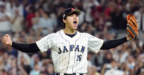 Shohei Ohtani Celebrates after Striking Out Mike Trout in the 2023 WBC Final