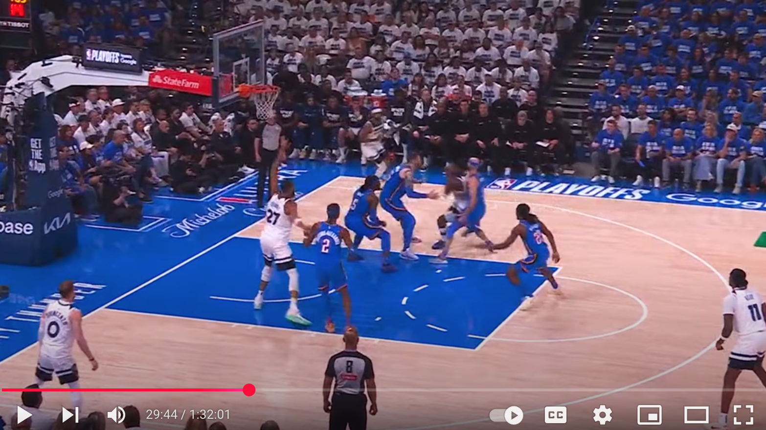 What's in the box?! Anthony Edwards is in the box. Four Oklahoma City Thunder defenders surround him.